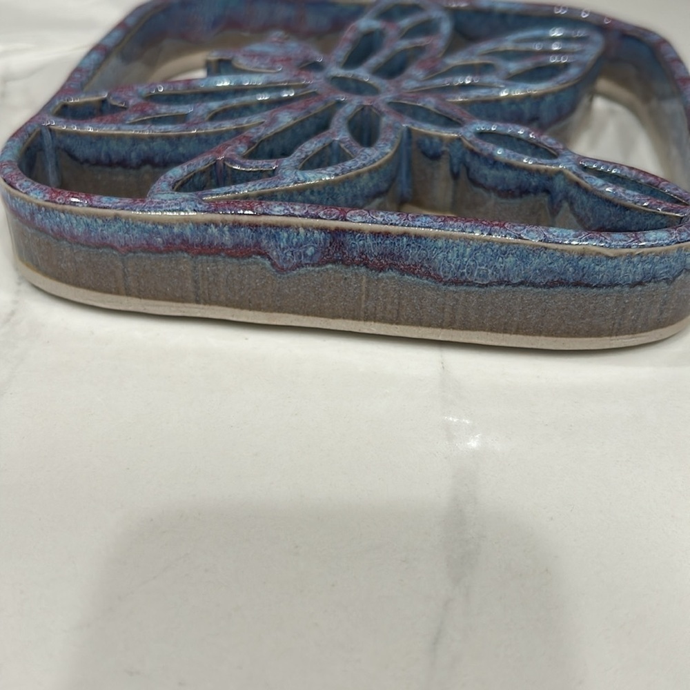 Glazed Pottery Dragonfly Trivet- handmade hot plate - Stoneware Pottery: Sunrise - Picture 4 of 6